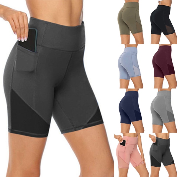 Kvinders højtaljede yogashorts Skinny Workout-sidetaske Dark gray,XL