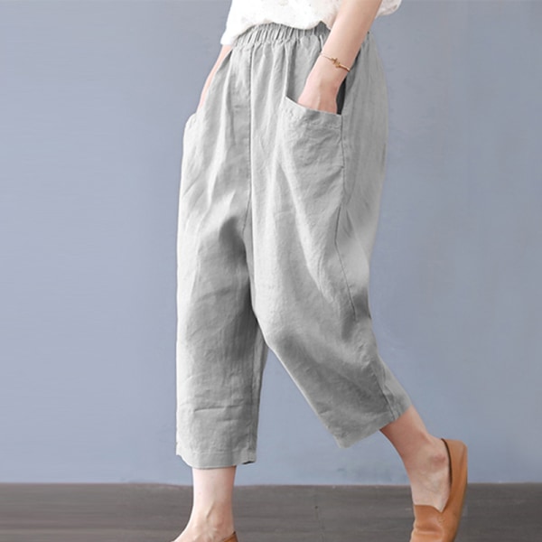 Kvinder bomuld linned bukser med brede ben Casual Baggy cropped bukser Gray,4XL