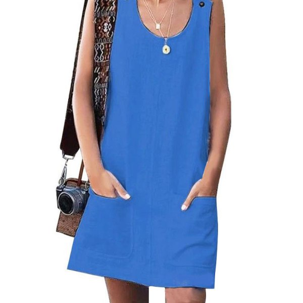 Dame kort mini kjole rund hals sommer strand solkjole tank kjole Blue XL