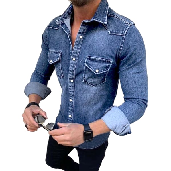 Men jeansskjorta Långärmad Button-Up fickor Lapel Collar Dark Blue XL