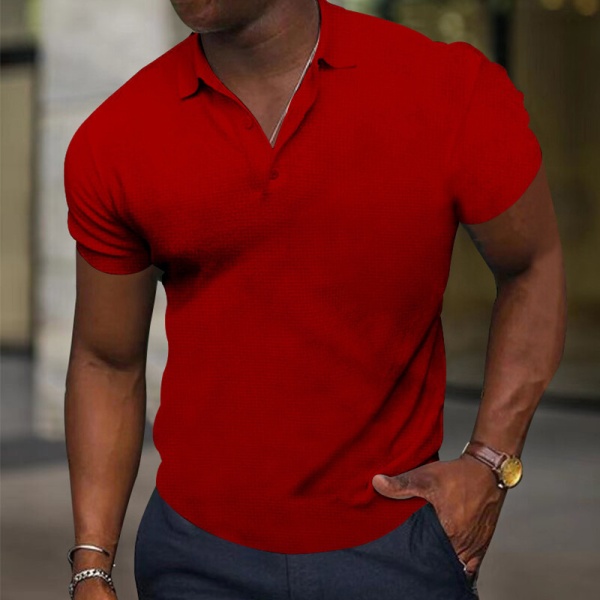 Mens Button Tee Lapel Neck Shirt Enfärgad Basic Plain Röd 2XL