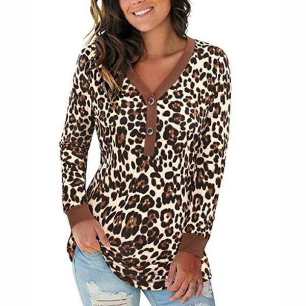 Kvinner Button Langermet V-hals trykt skjorte Uformell løs topp Coffee leopard print 3XL