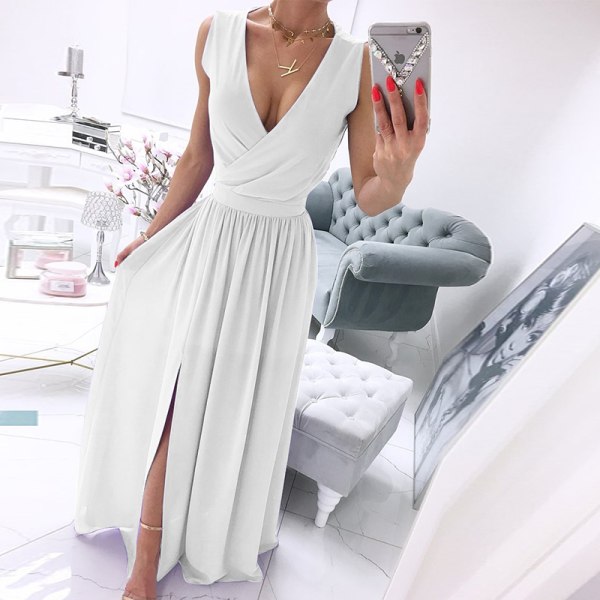 Dam Slit Tank Dress Långa Maxi Formell Klänningar V-ringad kväll White S