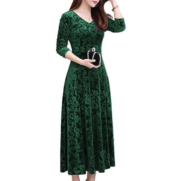 Kvinnor Maxiklänningar Långärmad V-ringad Stor Swing Dress Party Blackish Green M