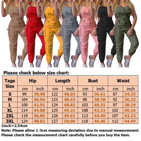 Kvinnor Bältade Jumpsuits Playsuit Sommar Cargo Pocket Romper Pants Khaki,XL