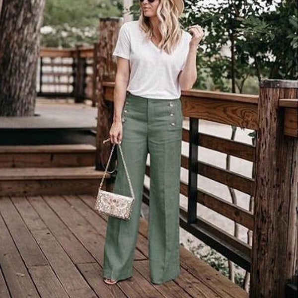 Naisten puuvillaiset leveälahkeiset housut Casual korkeavyötäröiset housut Green,XL