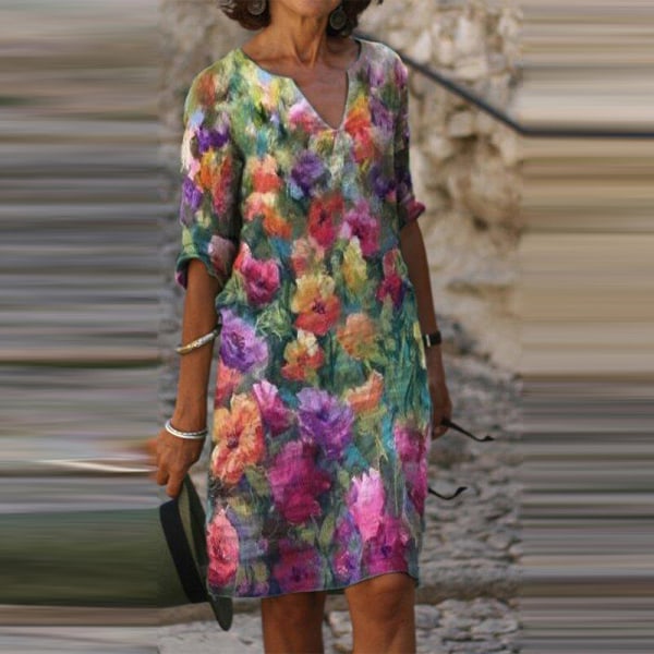 Naisten Abstract Print Dress Shift polvipituinen mekko Purple Flower 2XL