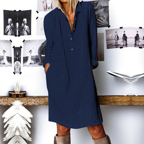 Långärmade damklänningar i enfärgad klänning Navy Blue M 34d2 | Navy Blue |  Cotton | Fyndiq