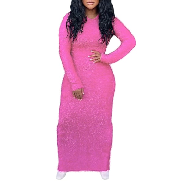 Naisten pitkähihaiset maximekot Pusero casual mekko pyöreäpääntie Pink 2XL