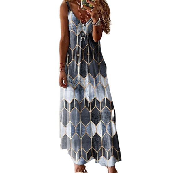 Kvinnors geometriskt print ärmlös sling lång klänning Gray,4XL