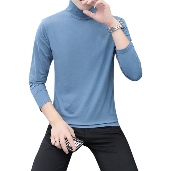 Herr långärmad högkrage Toppar T-shirt Pullover Lös Tee Blue M