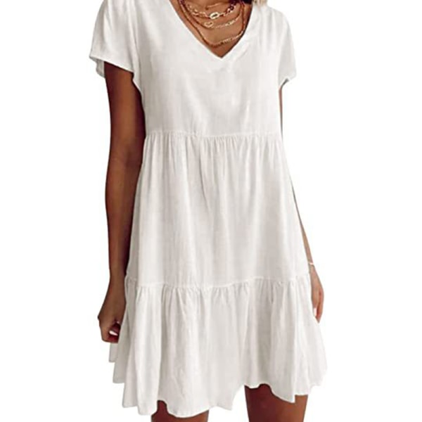 kvinnor sommar kortärmad volangfåll tunika t-shirt Klänningar White 2XL