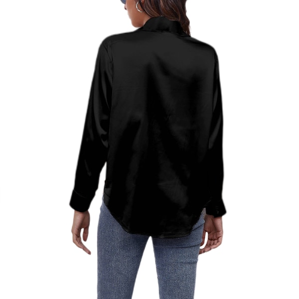 Böjd blus för dam Tunikaskjorta Satin långärmade T-shirts Black 2XL