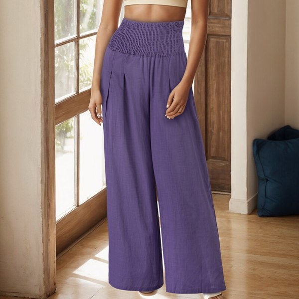 Kvinder højtaljeunderdele Løs afslappet bomuldslinned Pant med brede ben Purple L