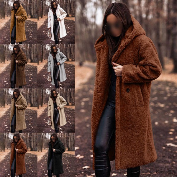 Dame ensfarvet med lommer overfrakker åben front afslappet frakke Brown XL