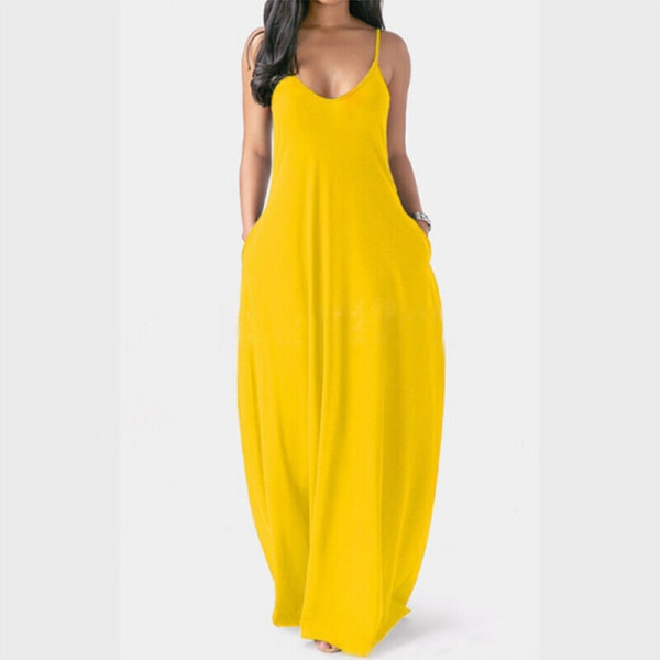 Dam Lång Maxi Dresse Slip Dress V-ringad Summer Beach Sundress Yellow XL