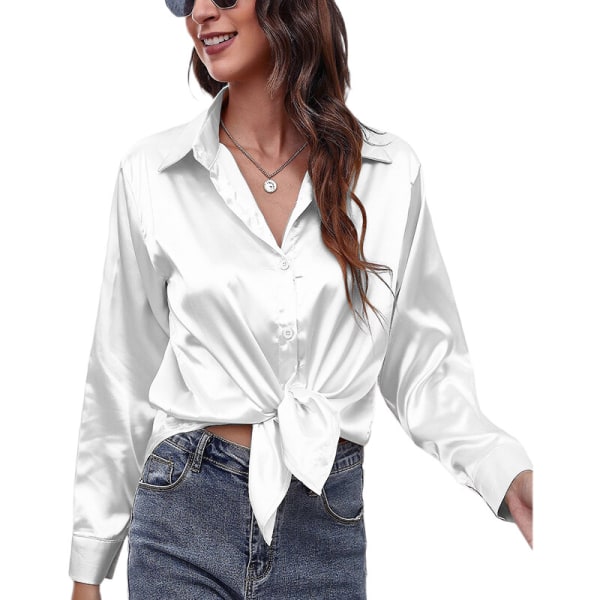 Böjd blus för dam Tunikaskjorta Satin långärmade T-shirts White XL