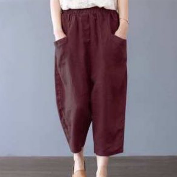 Kvinder bomuld linned bukser med brede ben Casual Baggy cropped bukser Claret,3XL