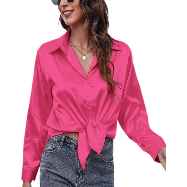 Böjd blus för dam Tunikaskjorta Satin långärmade T-shirts Rose Red L