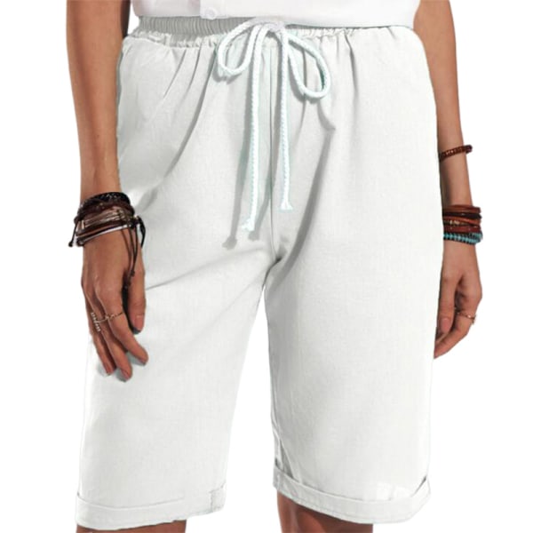 Naisten shortsit, arkut Casual, väljät, suoralahkeiset lyhyet housut White,XL