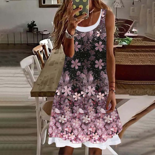 Kvinnor ärmlös sommar strand solklänning blommigt print midiklänning Pink S