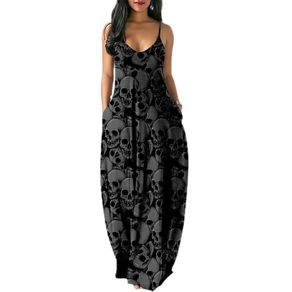 Dam V-ringad Summer Beach Sundress Cami Long Dress Black M