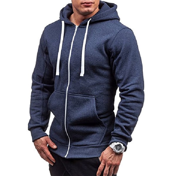 Mænd Hættejakke Jakke Sweatshirt Outwear Snøre Lynlås Navy Blue XL