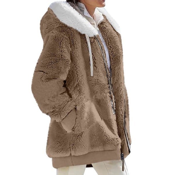 Naisten yksivärinen neuletakki vetoketjullinen Sherpa-takki Khaki 5XL