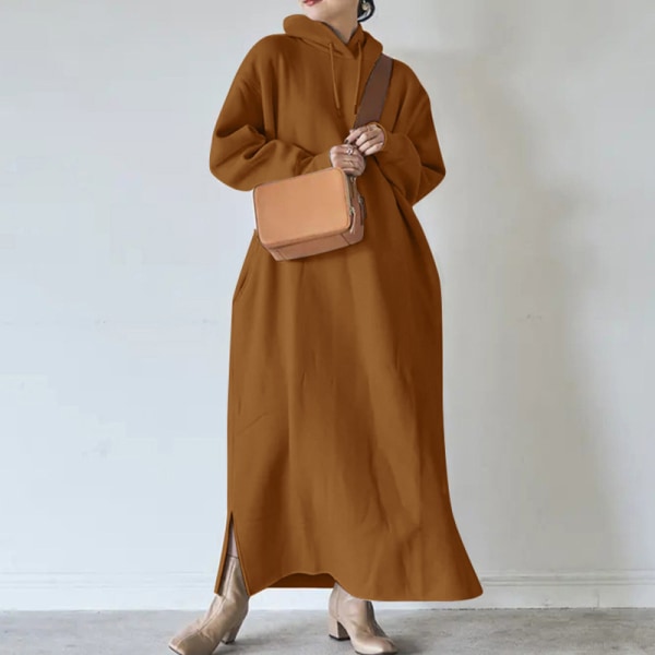 Kvinder Ensfarvet Pullover Fleece Foret Side Slid Hætte kjoler Kaffe 5XL