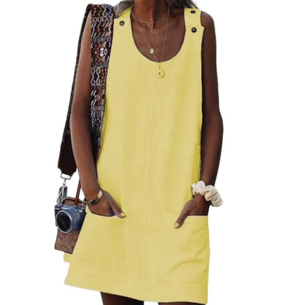 Dame kort mini kjole rund hals sommer strand solkjole tank kjole Yellow XL