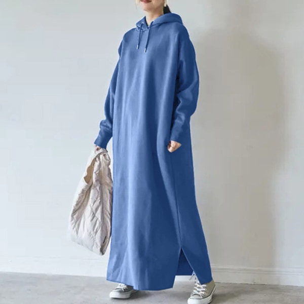 Kvinder Ensfarvet Pullover Fleece Foret Side Slid Hætte kjoler Blå 2XL