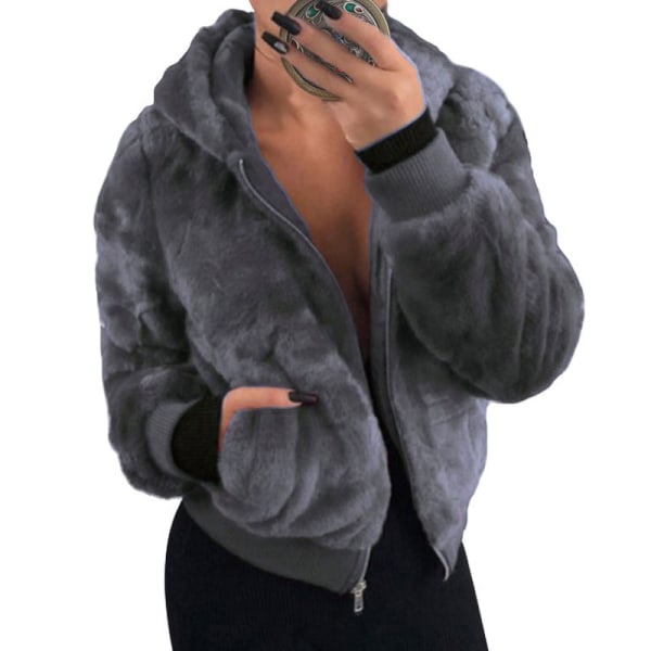 Naisten huppari Fleece-takki Pörröinen hupullinen lämmin takki Dark gray,3XL