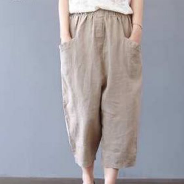 Kvinder bomuld linned bukser med brede ben Casual Baggy cropped bukser Khaki,M