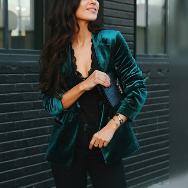 Kvinnor Enfärgad Lapel Business Jackor Enkelknäppta ytterkläder Grön XL