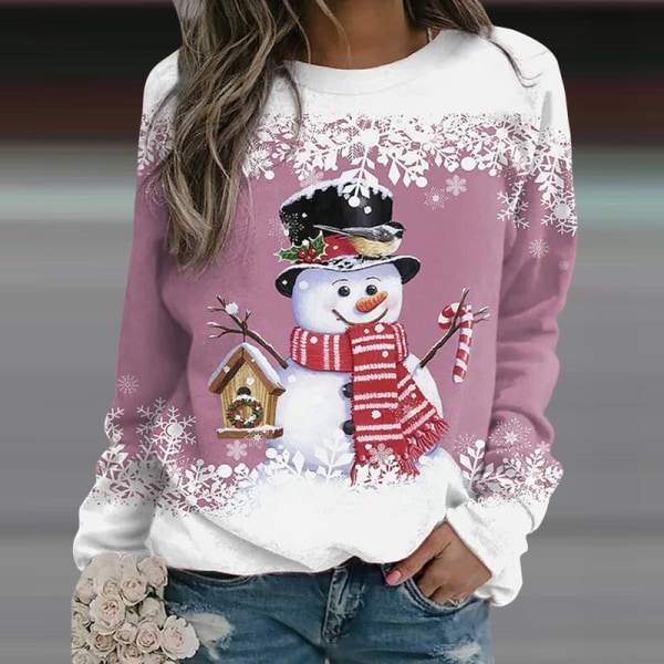 Ladies Snowman Print skarvad tunika blus Crew Neck Pullover Pink 3XL