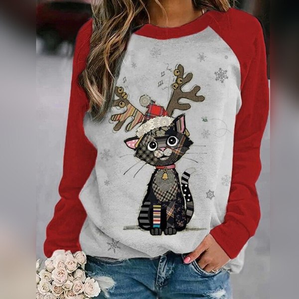 Kvinnor Printed tunikablus långärmad jul T-shirt Cat Print S