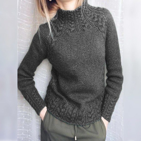 Kvinder langærmet højhalset striktrøjer ensfarvet sweater Grey 3XL