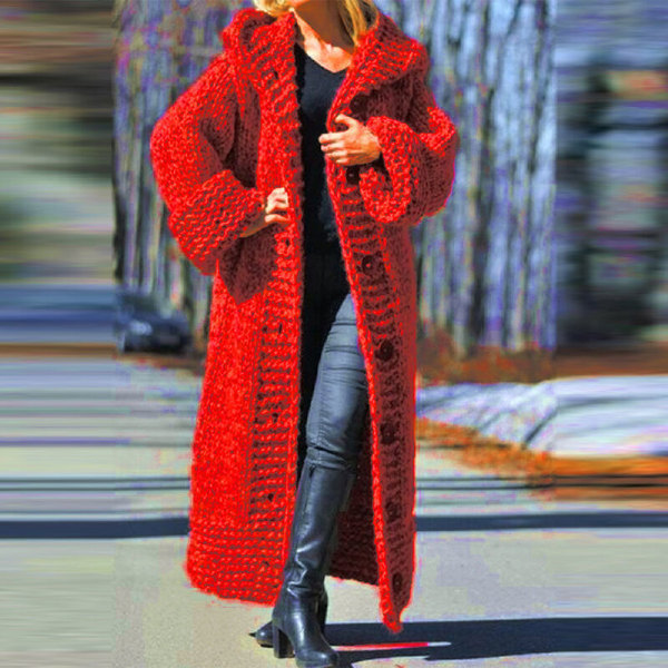 Kvinnor Enfärgade Huvtröjor Cardigans Chunky Knit Stickade Tröjor Stor röd M