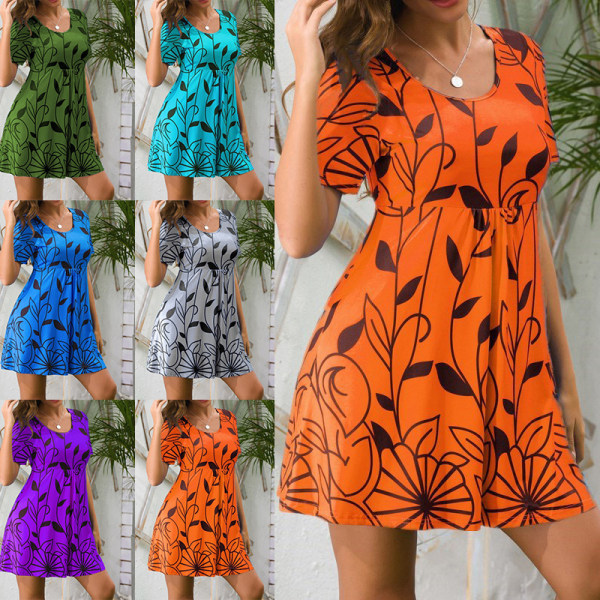 Naisten korkea vyötärö kesämekko Lyhyt Swing mekko T-paita Sundress Orange S