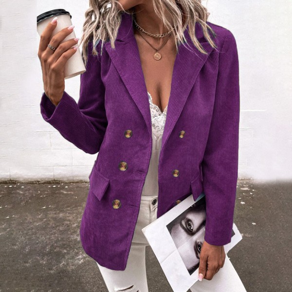 Dame revers cardiganjakke ensfarvet dobbeltradet overtøj Purple S