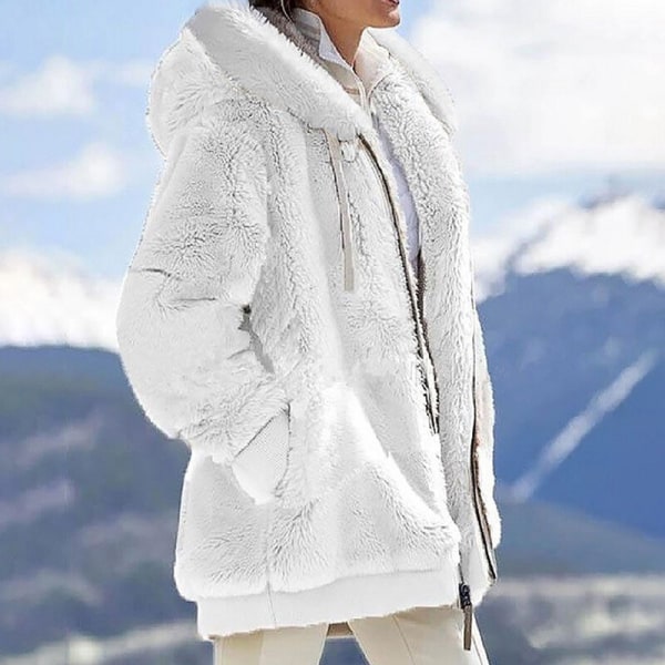 Naisten yksivärinen neuletakki vetoketjullinen Sherpa-takki White M