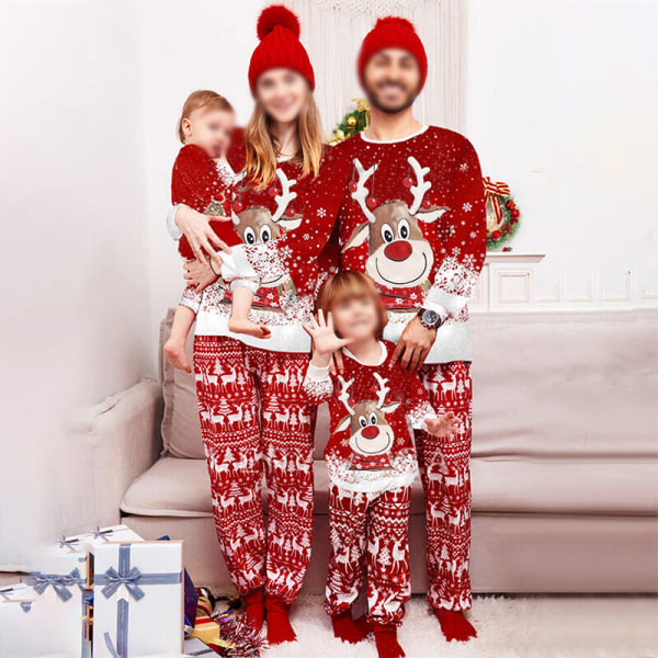 Kvinnor Män Barn Crew Neck Älg Print PJ Sets långärmade nattkläder Red B Dad M