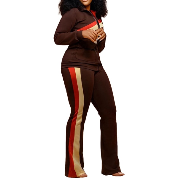 Dame-splejsede træningsdragt-sæt med fuld lynlås, todelt outfit Brown XL