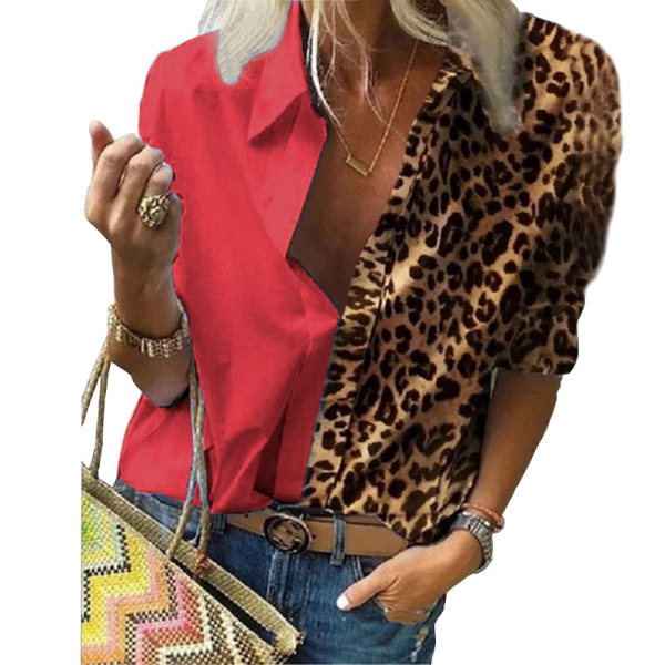 Kvinders leopardprint skjorte Casual langærmet løs V-hals top red,5XL