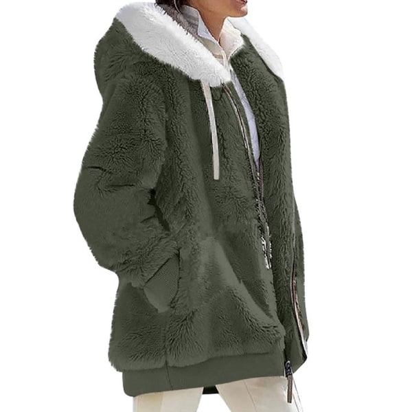 Naisten yksivärinen neuletakki vetoketjullinen Sherpa-takki Army Green XL
