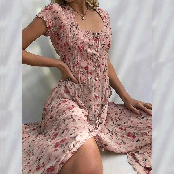Kvinder sommer kortærmet kjole Floral enkeltradede kjoler pink XL