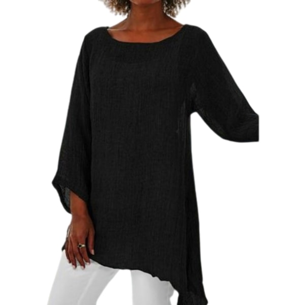 Kvinder med rund hals almindelig bluse T-shirt med lange ærmer løs t-shirt Black XXL
