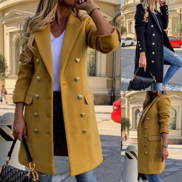 Kvinder Dobbeltradet Trench Coats Notch Lapel Uld Pea Coat Yellow XL