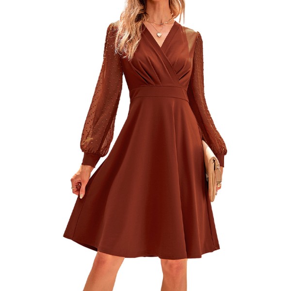 Dam Swing Wrap Midi Dress VNeck A Line Klänning Party Långärmad Caramel XL