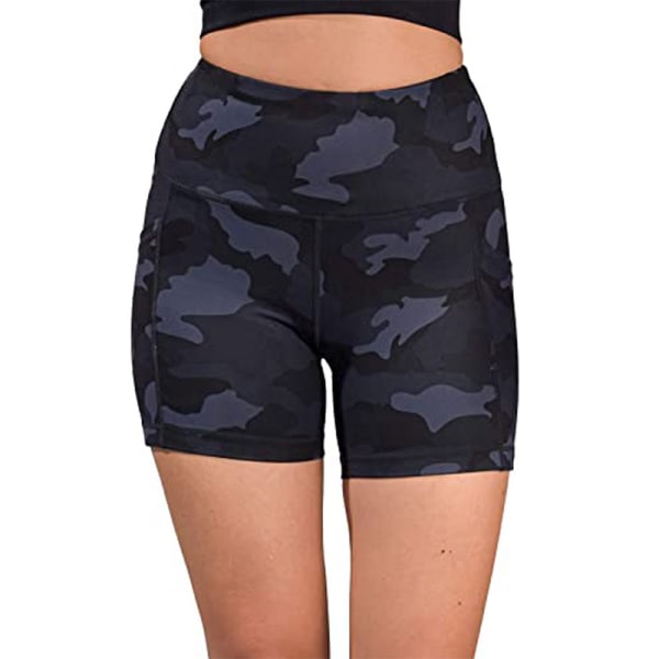 Kvinders camouflage højtaljede yogashorts sidelommer Navy blue,XXL